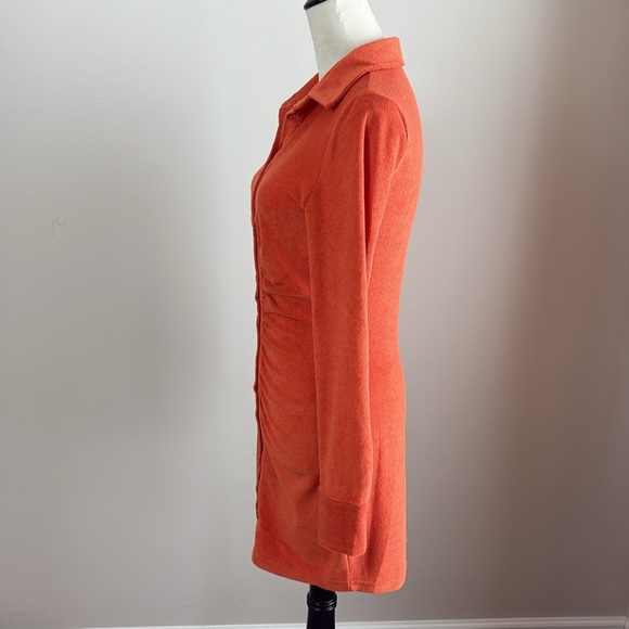 Beige Botany Terrycloth Ruched Mini Dress Orange Long Sleeve Button Down Size M - Picture 5 of 12
